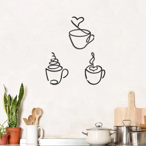 Detail of 3D acrylic coffee cup wall decals with black mirror finish on a kitchen wall