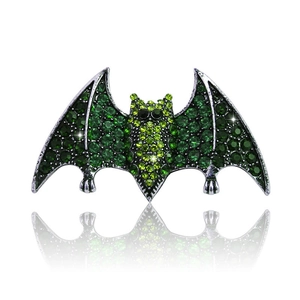 Green crystal bat brooch in silver-tone alloy with sparkling rhinestones for Halloween