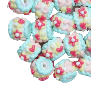 Hand-painted resin beads with colorful flower and heart patterns for DIY jewelry making
