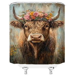 Detail view of Highland Cow print shower curtain with colorful floral wreath design