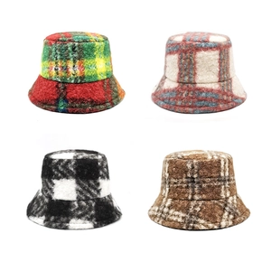 Plaid Bucket Hat Thickened Faux Lamb Wool Warm Winter Retro Checkered Plush Outdoor Streetwear For Women