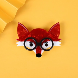 Handmade Acrylic Red Fox Head Brooch Pin Black Round Glasses Fashion Cartoon Animal Lapel Pin Women Men Jewelry Gift