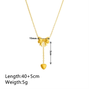 Fashion gold bow necklace with heart fringe pendant and detailed size measurements