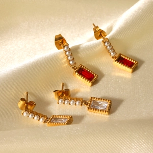 Vintage Drop Earrings Stainless Steel Zircon Artificial Pearl 18K Gold Plated Elegant Jewelry For Women