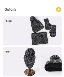 Detail of winter knit set showing soft faux fur lining inside the black melange hat