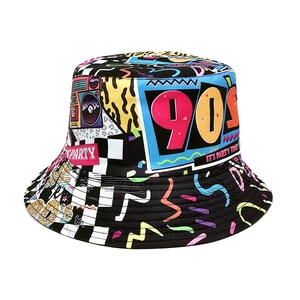 Detailed view of vintage 90s bucket hat with colorful graffiti prints and patterns