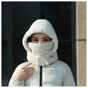 Close-up of beige thermal balaclava with windproof fabric and soft faux fur trim