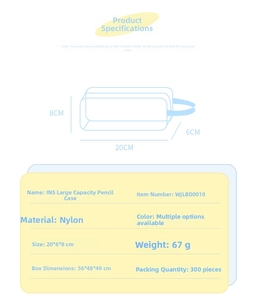Detailed size chart for high-capacity nylon pencil case measuring 20x6x8cm