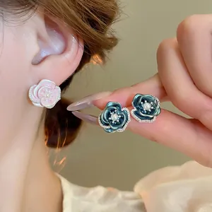 Rose Flower Stud Earrings With Rhinestone Imitation Artificial Pearl And 925 Sterling Silver Earring Post French Elegant Sweet Women