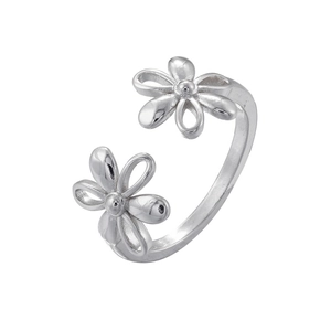Close-up of silver adjustable open ring featuring two elegant hollow flower designs