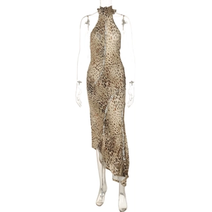 Detail of sexy backless leopard print halter dress with irregular mesh hemline