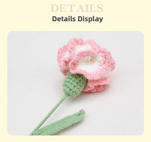 Macro detail of hand-crocheted carnation flower showing gradient pink yarn and craftsmanship