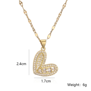 Detailed view of gold plated heart pendant with zircon stones showing dimensions and weight