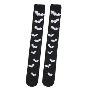 Detailed view of white bat pattern print on black Halloween over-the-knee socks