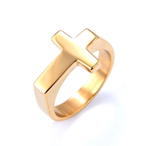 Polished gold stainless steel ring featuring a minimalist cross design on white background