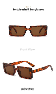Front and side view of vintage tortoise shell square sunglasses with dark brown lenses