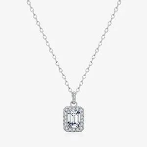 Emerald Cut Moissanite Halo Pendant Necklace 925 Sterling Silver Elegant Jewelry For Women D Color VVS1 Clarity 1ct