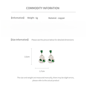 Detailed size chart for hulu earrings made of copper with green and white zircon stones