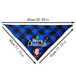 Blue and black plaid Christmas pet bandana detail with Merry Christmas print and size specs