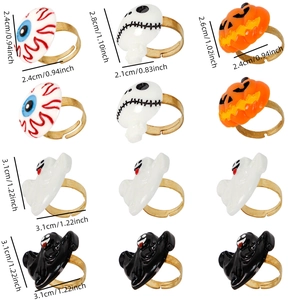 Adjustable Halloween rings set featuring ghost, pumpkin, skull and eyeball charms for parties
