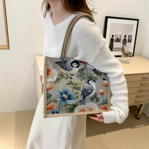 Large capacity cotton linen tote bag with vintage floral and bird print for women