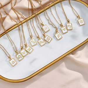 Zodiac Sign Pendant Necklace Stainless Steel With White Shell Mother Of Artificial Pearl Rectangular Constellation Jewelry For Women