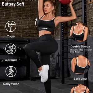 Women's black yoga set with high-waist leggings and buttery soft racerback sports bra