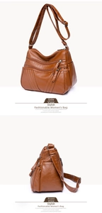 Detail of caramel brown PU leather crossbody bag featuring triple front zipper pockets