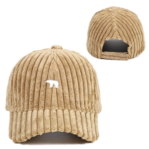 Detailed view of striped corduroy fabric and adjustable velcro strap of the winter hat