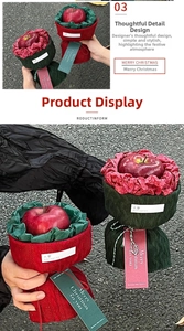 Close-up of red and green knit apple gift wrap for Christmas with Merry Christmas tags