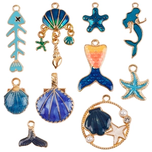 Mermaid Shell Starfish Ocean Theme Charms Pendants Zinc Alloy Enamel Blue For DIY Jewelry Making Crafts