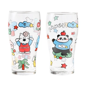Large transparent glass beer mugs with colorful cute cartoon prints and fancy lettering