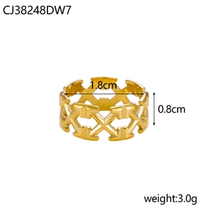 Detailed view of golden stainless steel hollow T-ring with size and weight specs
