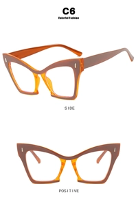 Cat eye glasses frame in tortoiseshell and orange with side and front view