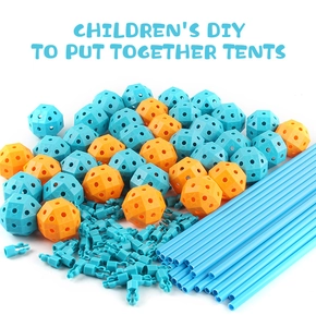 Detail of DIY tent building set with blue rods and colorful connector balls for kids
