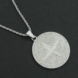 Hip hop silver round medallion pendant with iced-out cross star and rope chain necklace