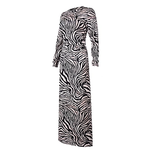 Detail view of the zebra print pattern on a slim-fit crew neck long-sleeve maxi dress