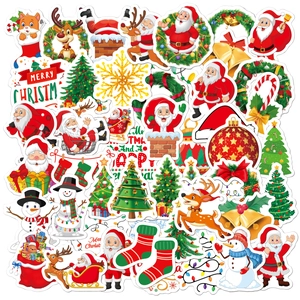 Collection of colorful holographic Christmas stickers featuring Santa, reindeer, and snowmen