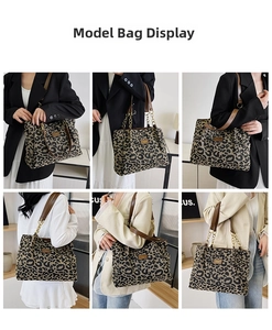 Detailed views of leopard print tote bag with brown leather and gold chain straps