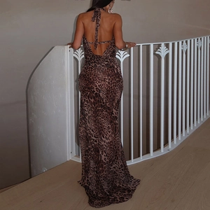 Sexy Neckholder-Maxikleid mit Leopardenmuster, rückenfrei, schmale Passform und bodenlang