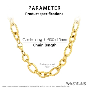 Detail view of 13mm gold stainless steel chain necklace with lobster clasp specifications