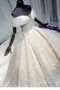 Detail of starry champagne bridal gown with sequins and beadwork embroidery