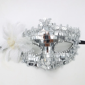 Silver sequined masquerade half face mask with white feather lace flower on white background