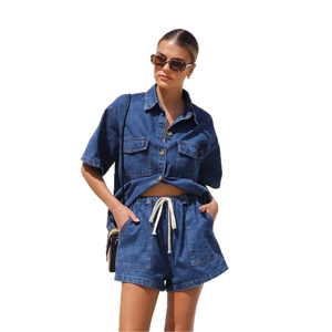 Vintage loose denim two-piece set with short sleeve shirt and drawstring shorts for women