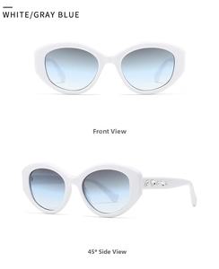 Front and 45-degree side views of white oval sunglasses with rhinestone-inlaid temples