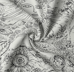 Vista macro del tessuto per arazzi tarocchi con motivi disegnati a mano di sole e fiori