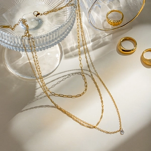 Three-layer 18k gold stainless steel necklace with water drop pendant and gold rings set