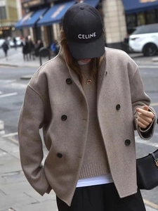 Manteau élégant en laine beige à double boutonnage avec col en V décontracté pour l'hiver