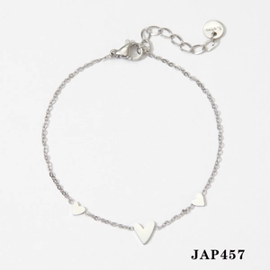 Detail view of silver stainless steel anklet featuring heart charms and lobster clasp