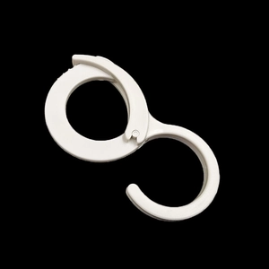 White S-shaped plastic hook with security buckle closure on a clean black background